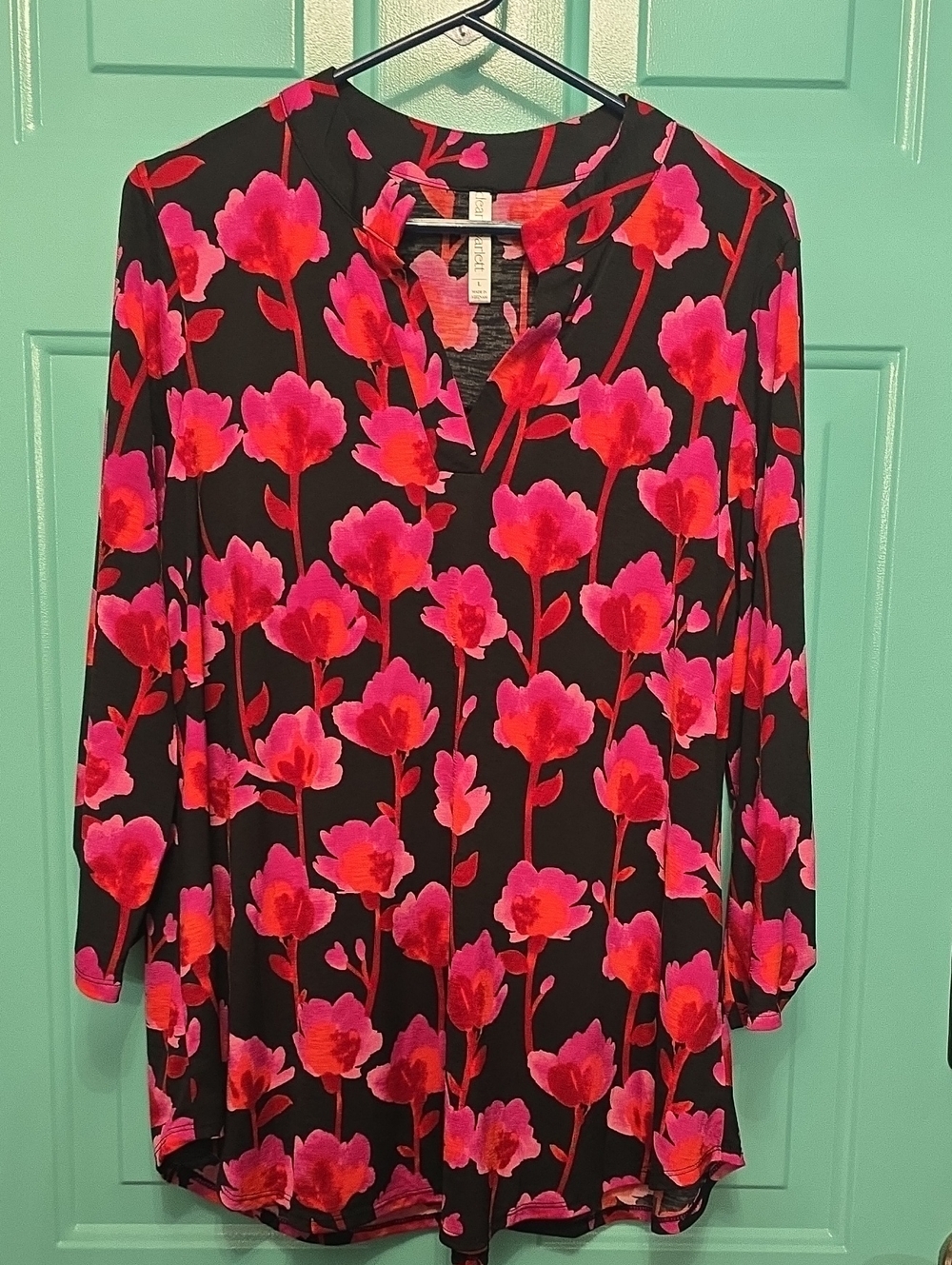Floral V-Neck Tunic in Black with Pink & Red Bloom Print